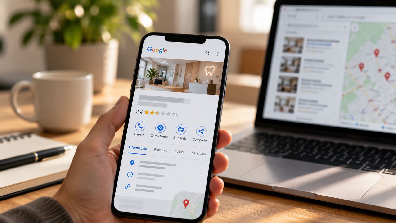 Ficha de Google de un negocio local con opciones de contacto y ubicación